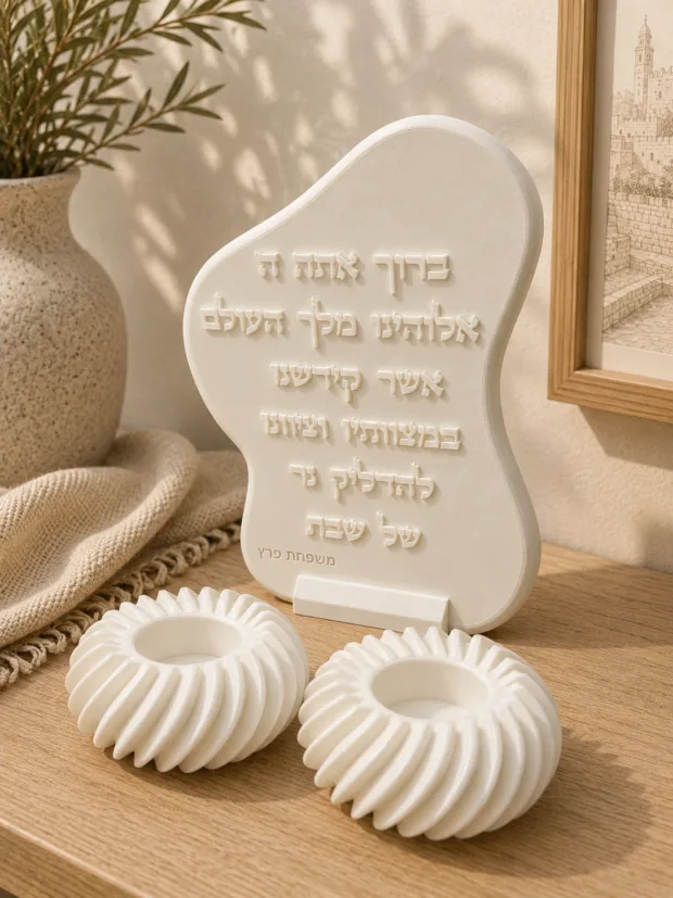 סט הדלקת נרות דגם ״שלוות שבת״, צבע לבן