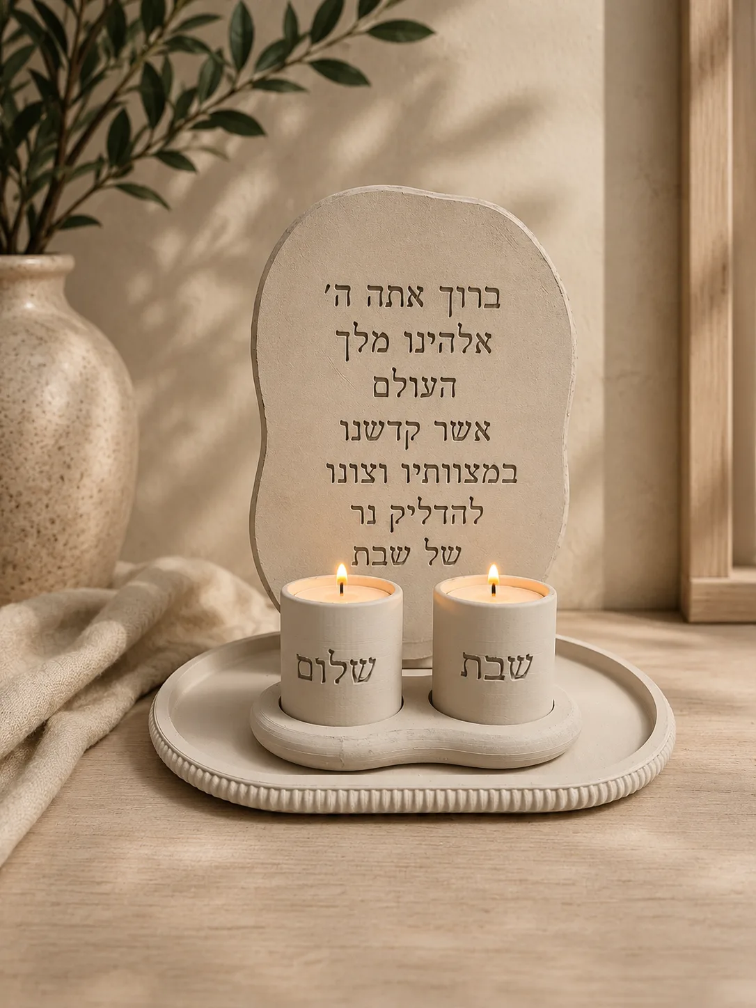 סט הדלקת נרות דגם ״אור הברכה״, צבע קרם